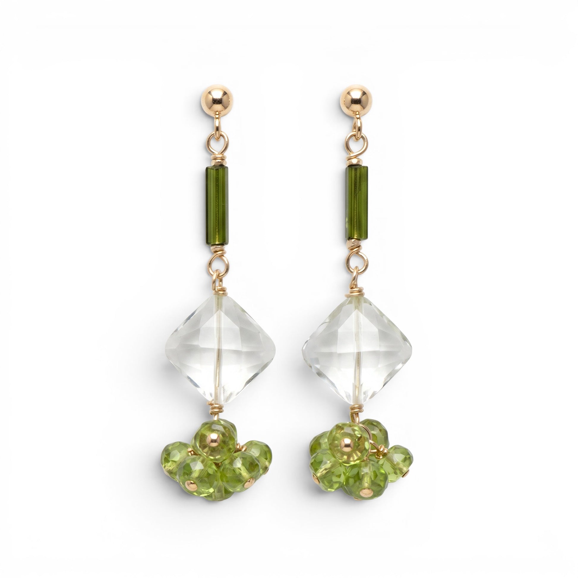 Trebor Style drop earrings featuring green tourmaline, diamond-cut green praisiolite, and peridot on gold-filled wire.