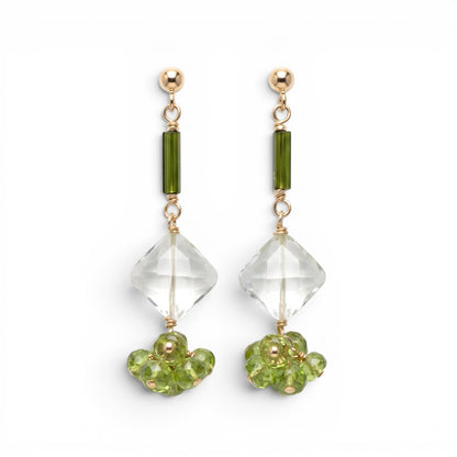 Trebor Style drop earrings featuring green tourmaline, diamond-cut green praisiolite, and peridot on gold-filled wire.
