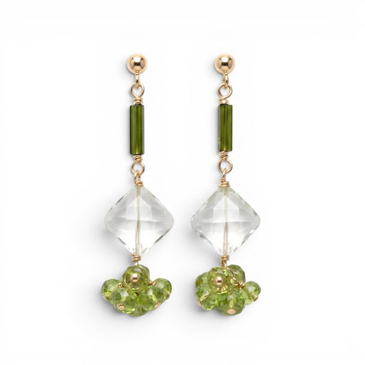 Trebor Style drop earrings featuring green tourmaline, diamond-cut green praisiolite, and peridot on gold-filled wire.