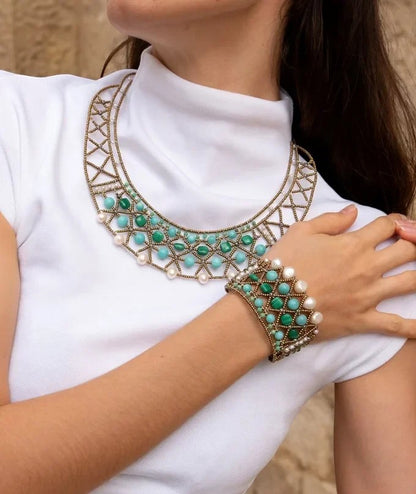 Trebor Style Essenza green necklace and matching bracelet featuring amazonite, chrysoprase, malachite, and pearls.