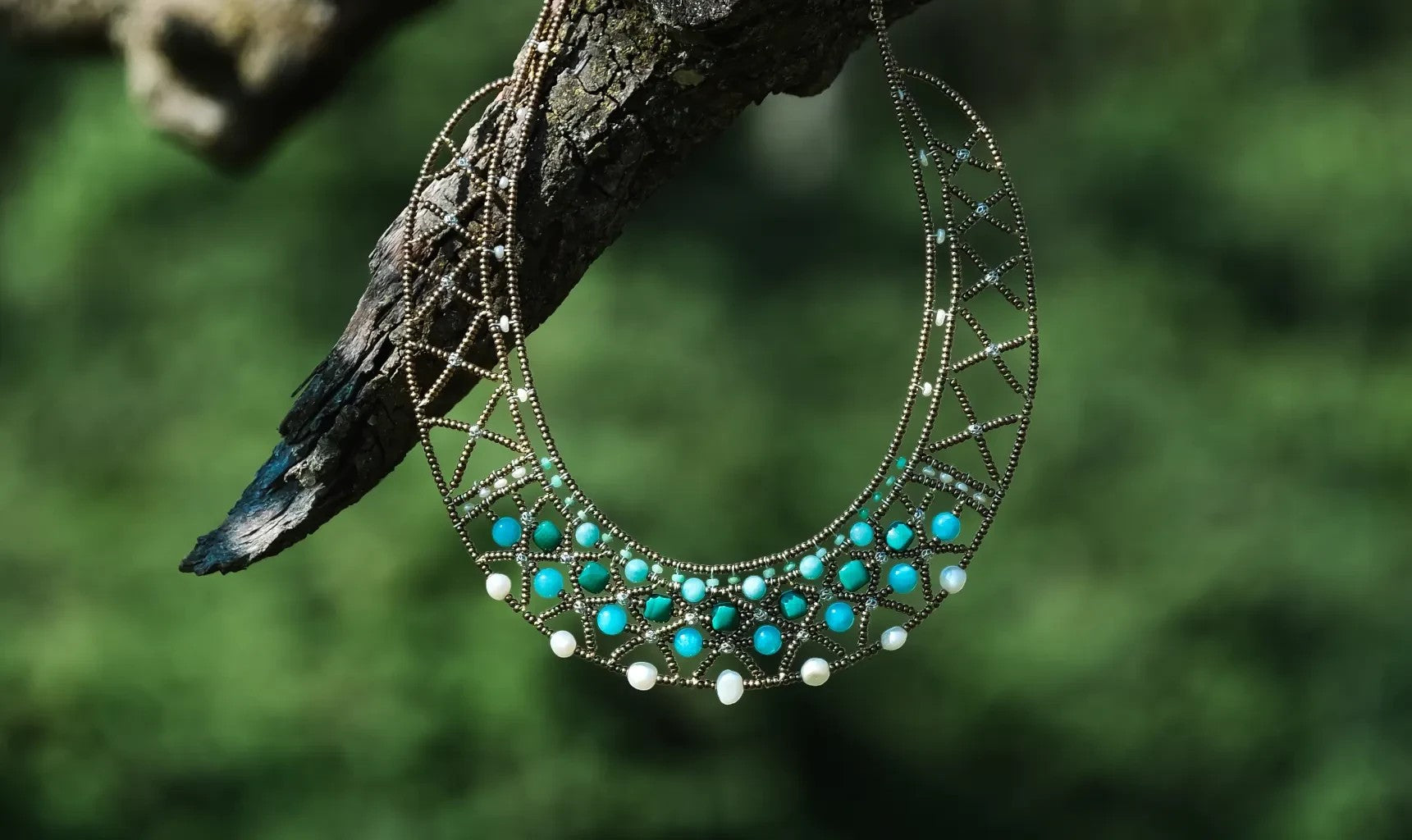 Trebor Style Essenza green necklace featuring amazonite, chrysoprase, malachite, Murano glass beads, and pearls.
