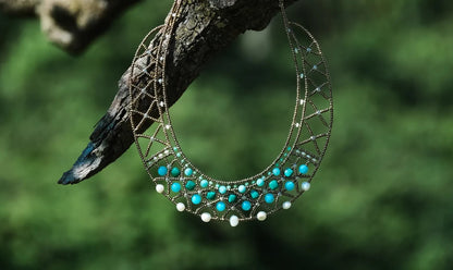 Trebor Style Essenza green necklace featuring amazonite, chrysoprase, malachite, Murano glass beads, and pearls.