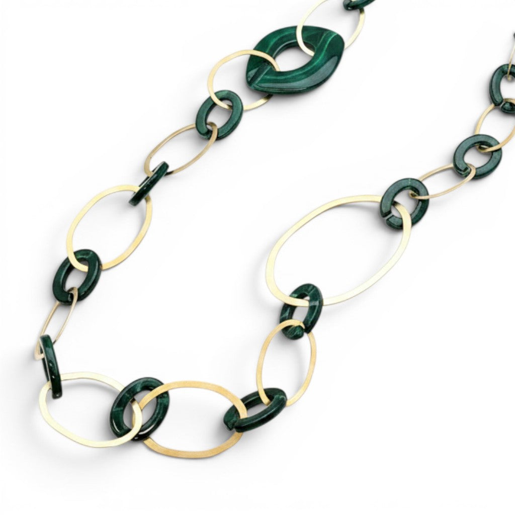 Trebor Style long necklace featuring dark green acrylic links and 24k gold-plated oval metal accents.