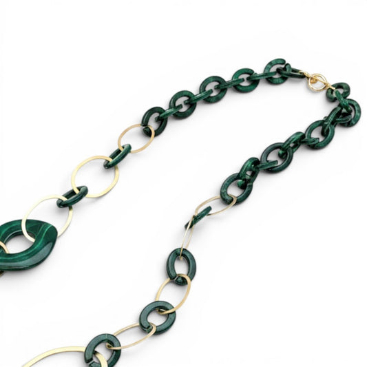Trebor Style long necklace featuring dark green acrylic links and 24k gold-plated oval metal accents.