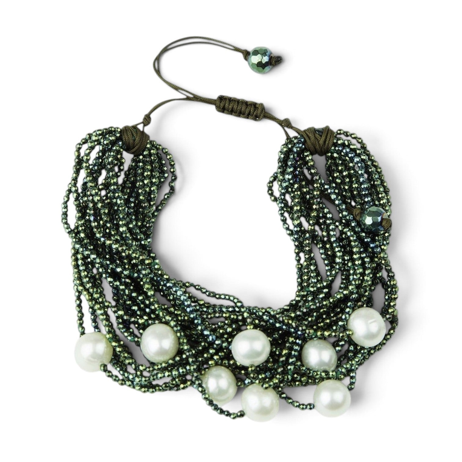 Trebor Style multi-strand green hematite cuff bracelet with white freshwater pearls and adjustable toggle clasp