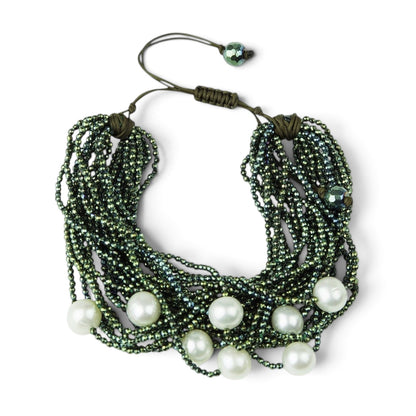Trebor Style multi-strand green hematite cuff bracelet with white freshwater pearls and adjustable toggle clasp
