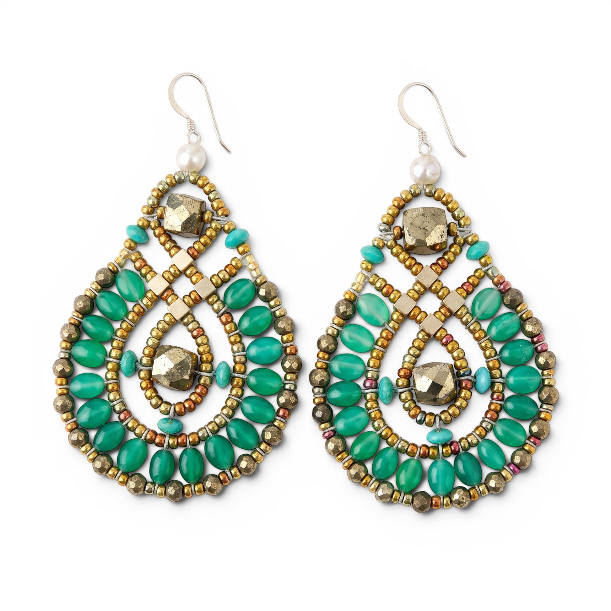 Trebor Style Ziio oval tear-drop earrings featuring green onyx, turquoise, pyrite, and a pearl on sterling silver posts.