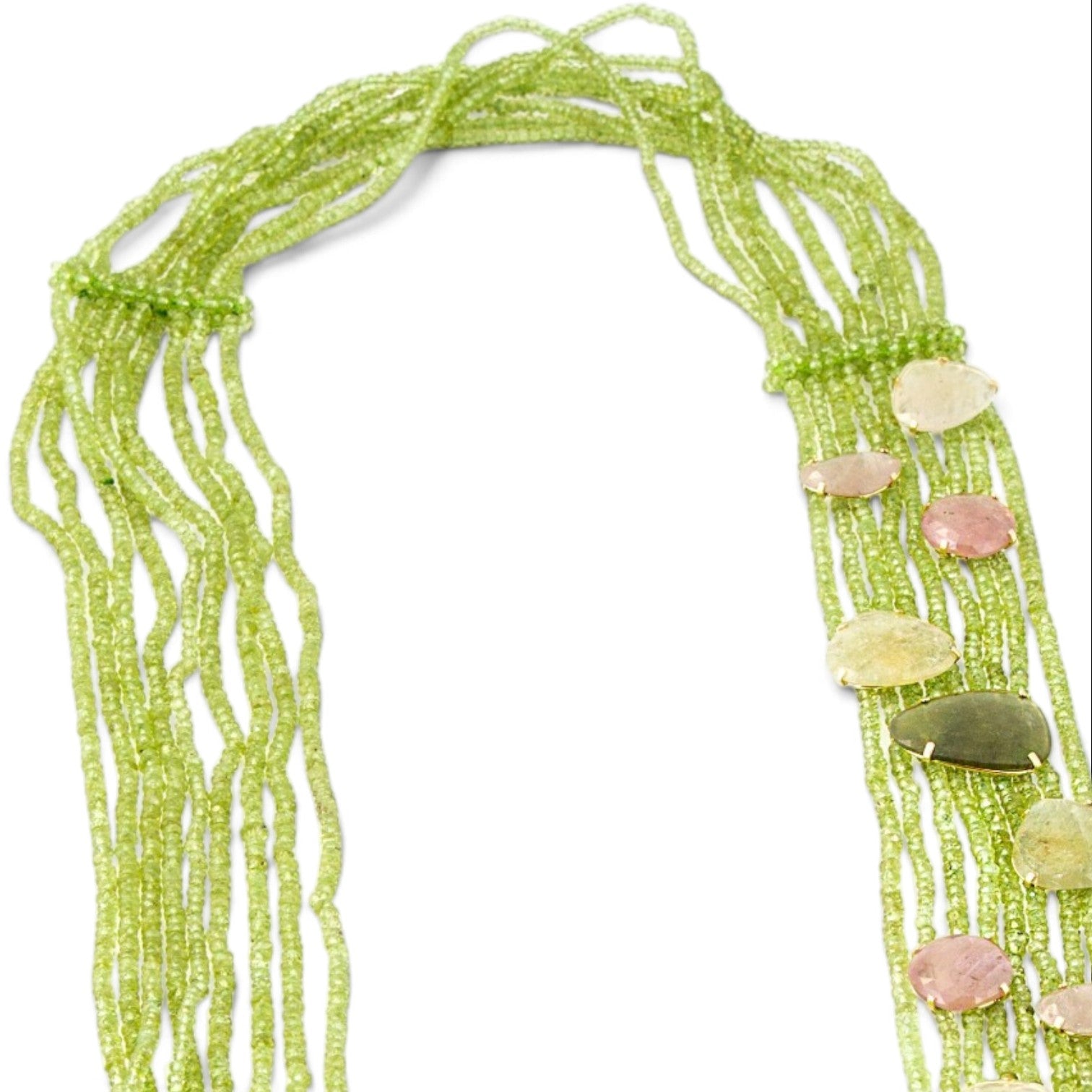 Trebor Style long multi-strand green peridot necklace with pink and yellow sapphire accents in 18K yellow gold
