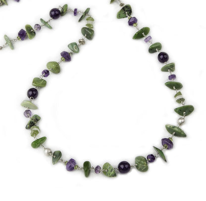 Trebor Style green serpentine and purple amethyst gemstone necklace with 925 sterling silver chain and slide clasp