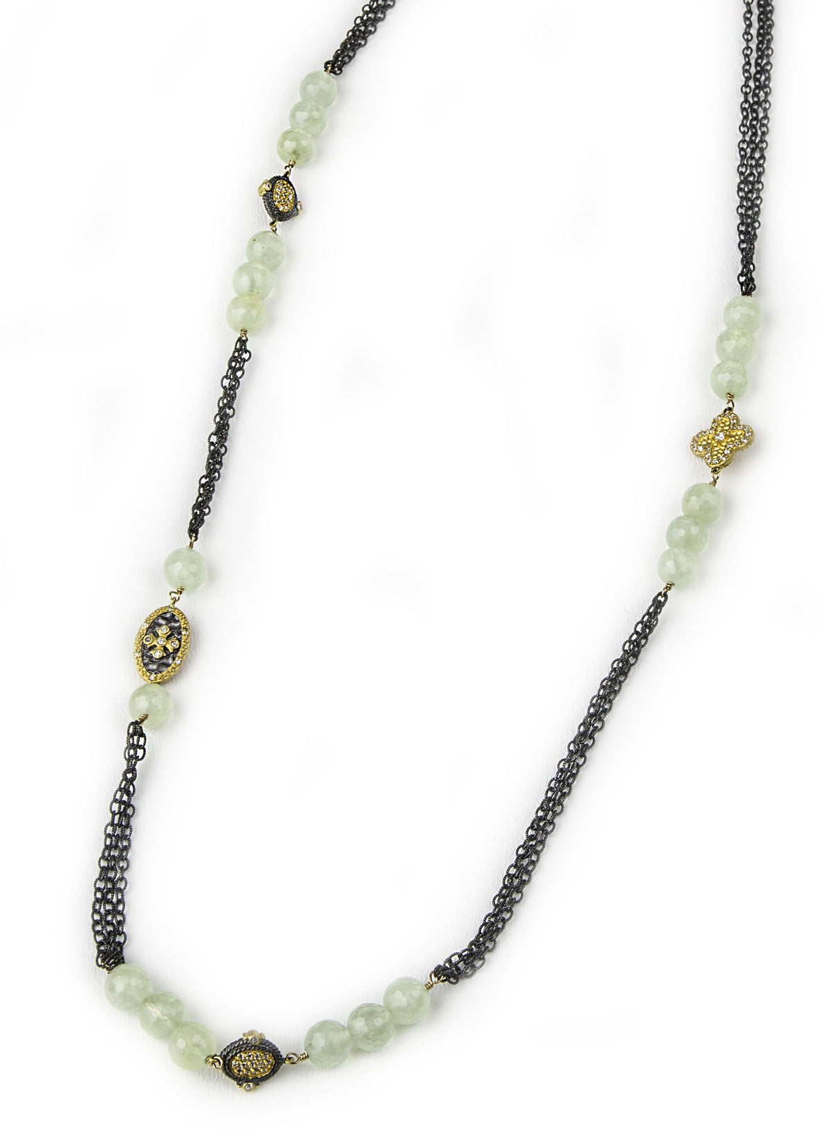 Trebor Style long green tourmaline necklace with white topaz, 22k gold medallions, and dark rhodium plated chain.