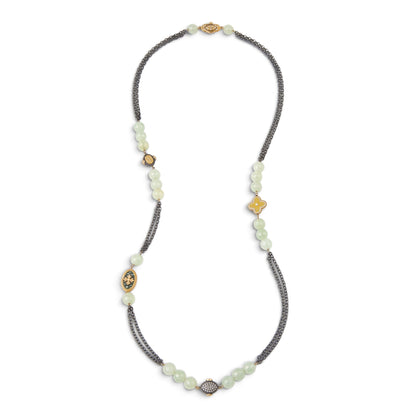 Trebor Style long necklace featuring faceted green tourmaline, 22k gold medallions with white topaz, and rhodium chain.