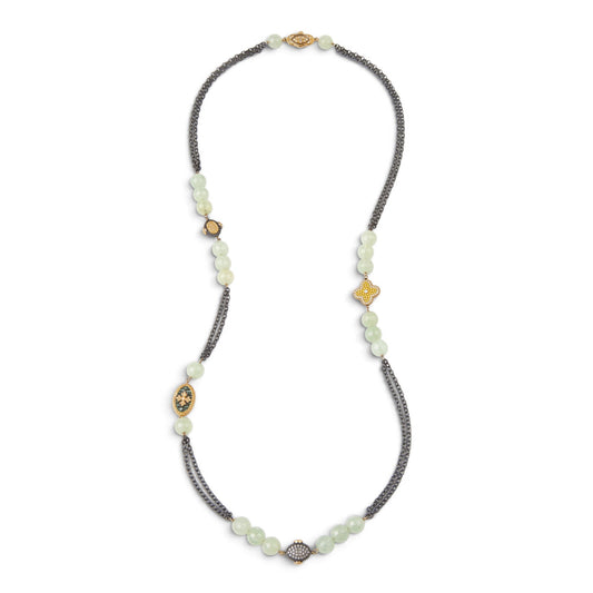 Trebor Style long necklace featuring faceted green tourmaline, 22k gold medallions with white topaz, and rhodium chain.
