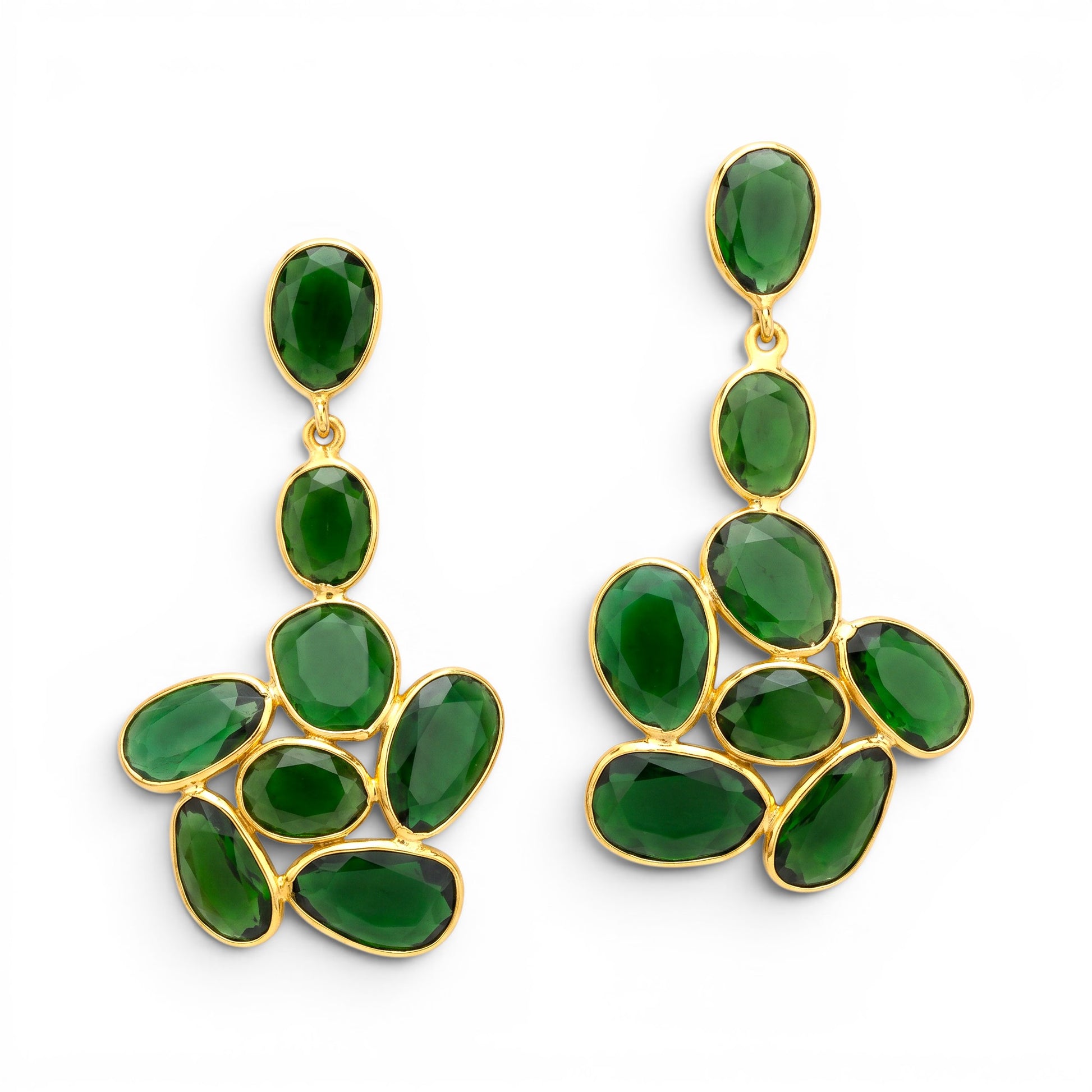 Trebor Style 18k yellow gold drop earrings featuring vibrant green bezel-set tsavorite garnet stones in a cluster design.