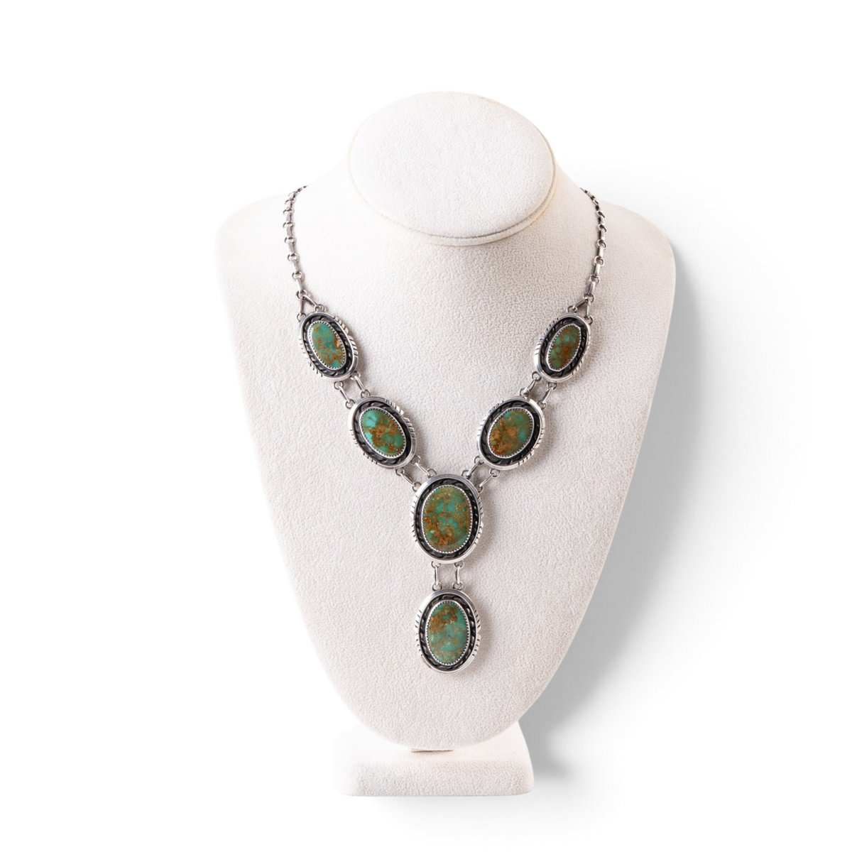 Trebor Style green turquoise pendant necklace featuring six oval gemstones in vintage-style 925 sterling silver settings