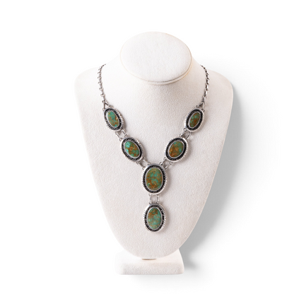 Trebor Style green turquoise pendant necklace featuring six oval gemstones in vintage-style 925 sterling silver settings