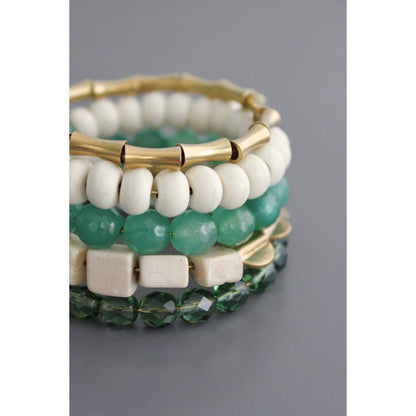 Trebor Style handcrafted wrap bracelet featuring green and white glass, magnesite beads, and brass accents.