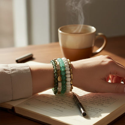 Trebor Style handcrafted wrap bracelet featuring green glass, white magnesite beads, and brass accents on a wrist.