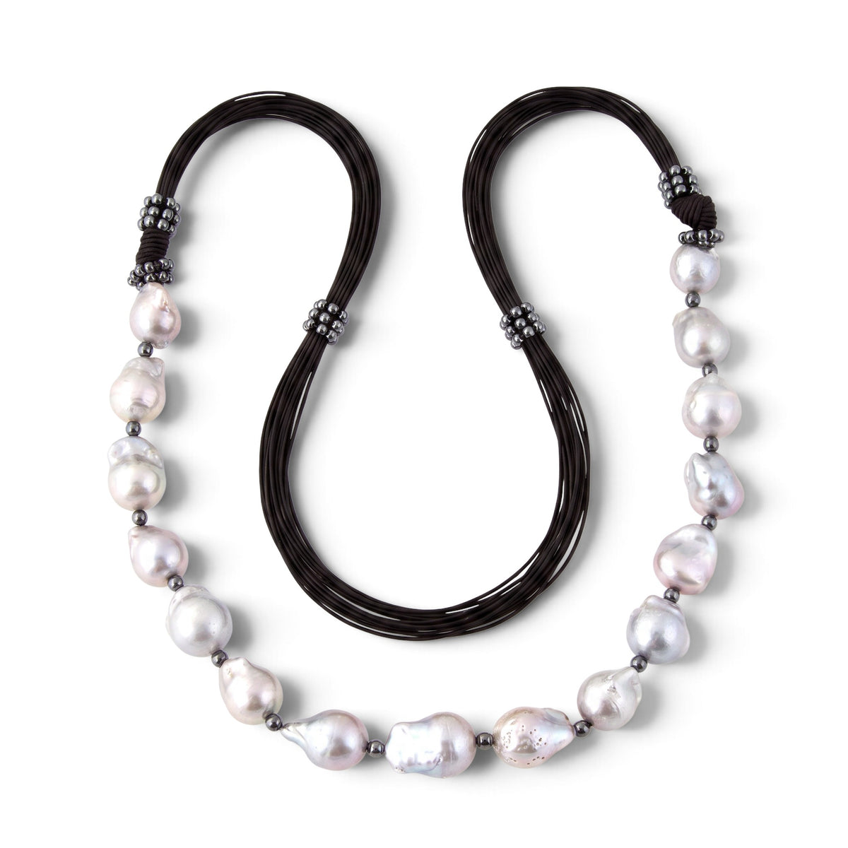 Trebor Style long necklace featuring grey baroque pearls and pyrite beads on multi-strand black cord, made in Italy.