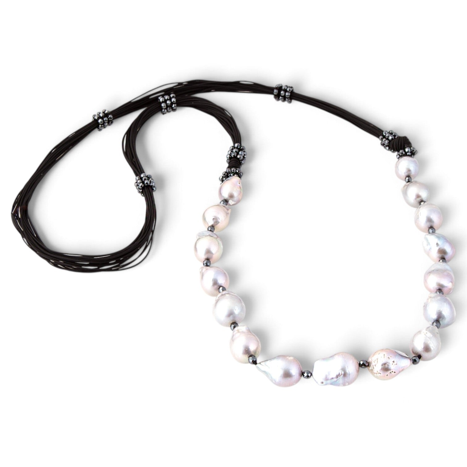 Trebor Style long necklace featuring large grey baroque pearls and sparkling pyrite beads on multi-strand black cord.