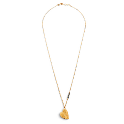 Trebor Style Heart of Gold necklace featuring a hammered 14K vermeil heart pendant with a lab diamond and blue sapphires