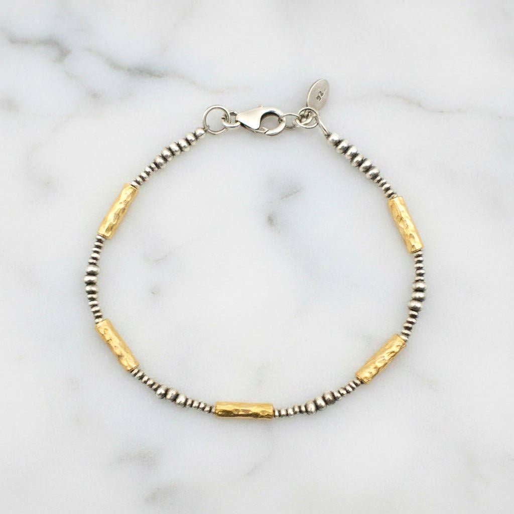 Trebor Style mixed metal bracelet featuring hammered 14K vermeil tubes and polished sterling silver round beads.