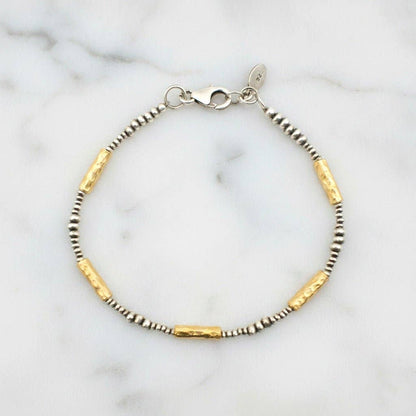 Trebor Style mixed metal bracelet featuring hammered 14K vermeil tubes and polished sterling silver round beads.