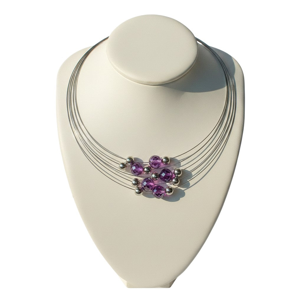 Trebor Style Helios multi-strand sterling silver collar necklace with faceted purple amethyst and silver beads.