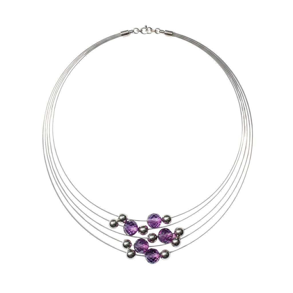 Trebor Style Helios multi-strand sterling silver collar necklace featuring faceted violet amethyst and silver beads.