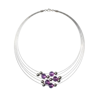Trebor Style Helios multi-strand sterling silver collar necklace featuring faceted violet amethyst and silver beads.