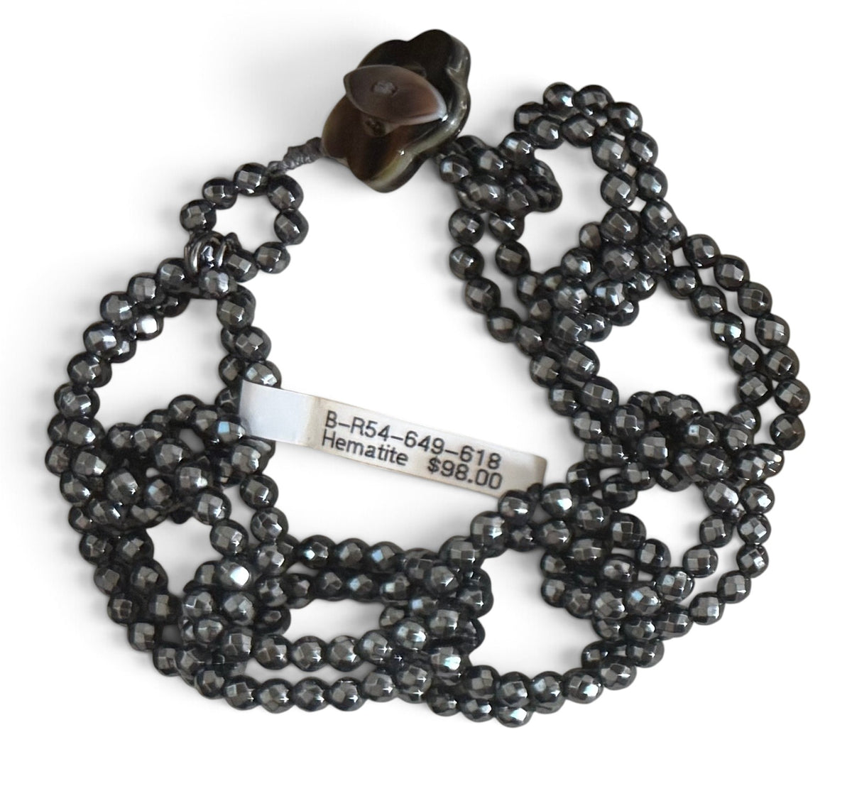 Trebor Style Rajola faceted dark grey hematite bead infinity link bracelet with a mother of pearl toggle closure