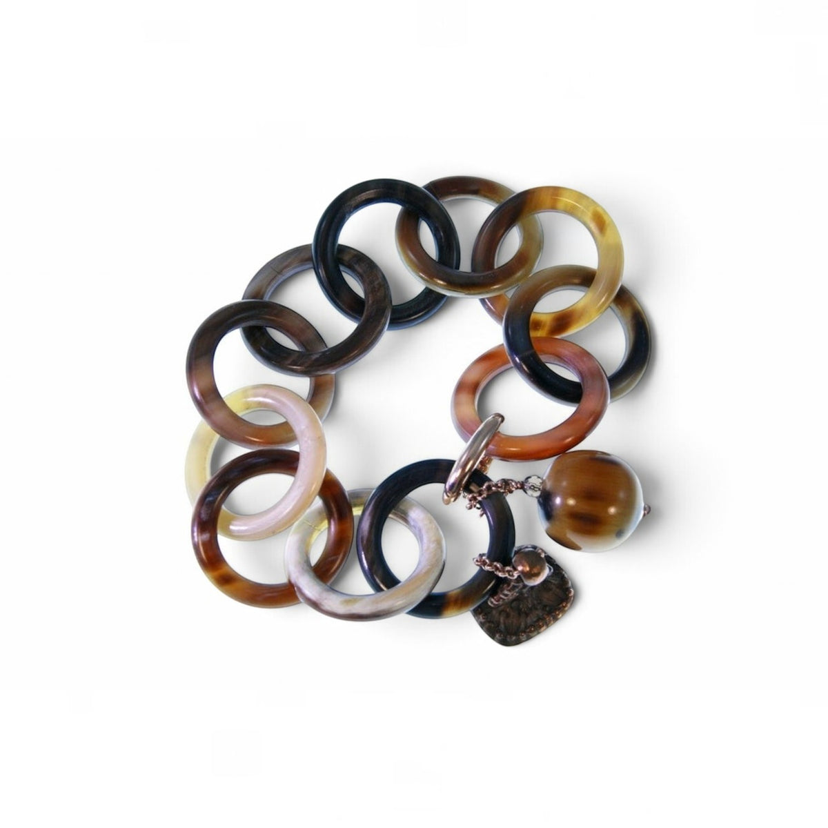 Trebor Style Amle bracelet featuring interlocking brown and tan natural horn circular links with horn and metal charms.