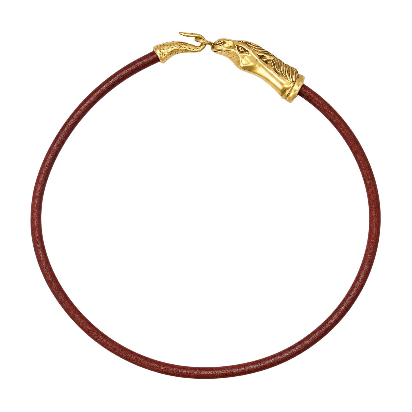 Trebor Style Wild Spirit horse choker with a sculpted gold patina horse-head clasp on a dark brown cord