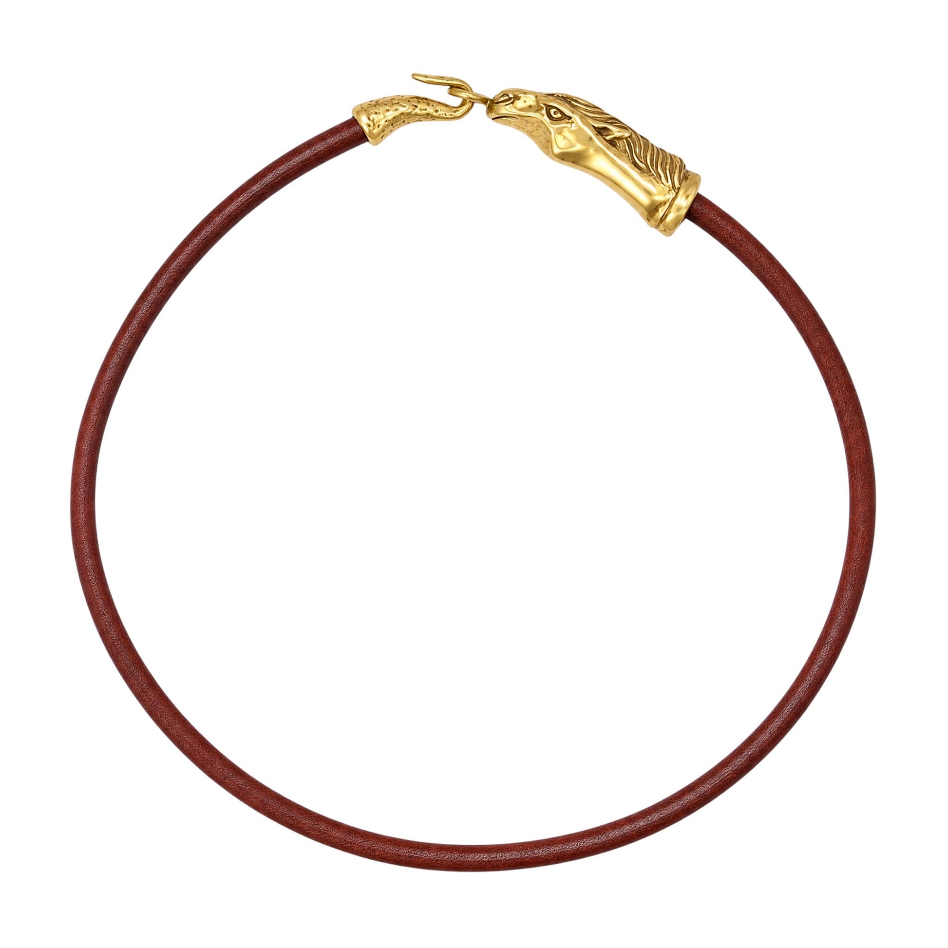 Trebor Style Wild Spirit horse choker with a sculpted gold patina horse-head clasp on a dark brown cord