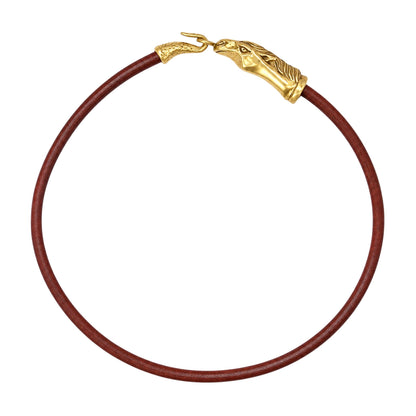 Trebor Style Wild Spirit horse choker with a sculpted gold patina horse-head clasp on a dark brown cord