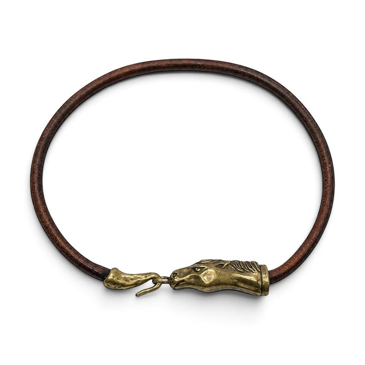 Trebor Style Wild Spirit horse choker with a sculpted gold patina horse-head clasp on a brown leather cord.