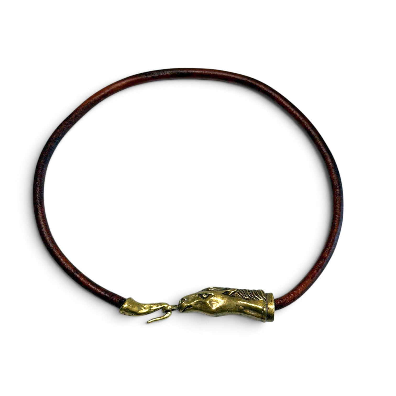 Trebor Style Wild Spirit horse choker with a dark brown leather cord and a sculpted gold patina horse head clasp.