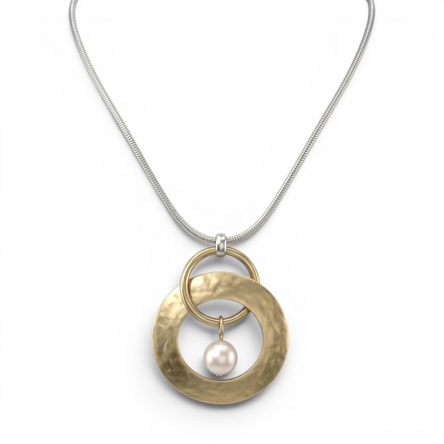 Trebor Style silver snake chain necklace featuring interlocking gold rings and a central cream Austrian crystal pearl.
