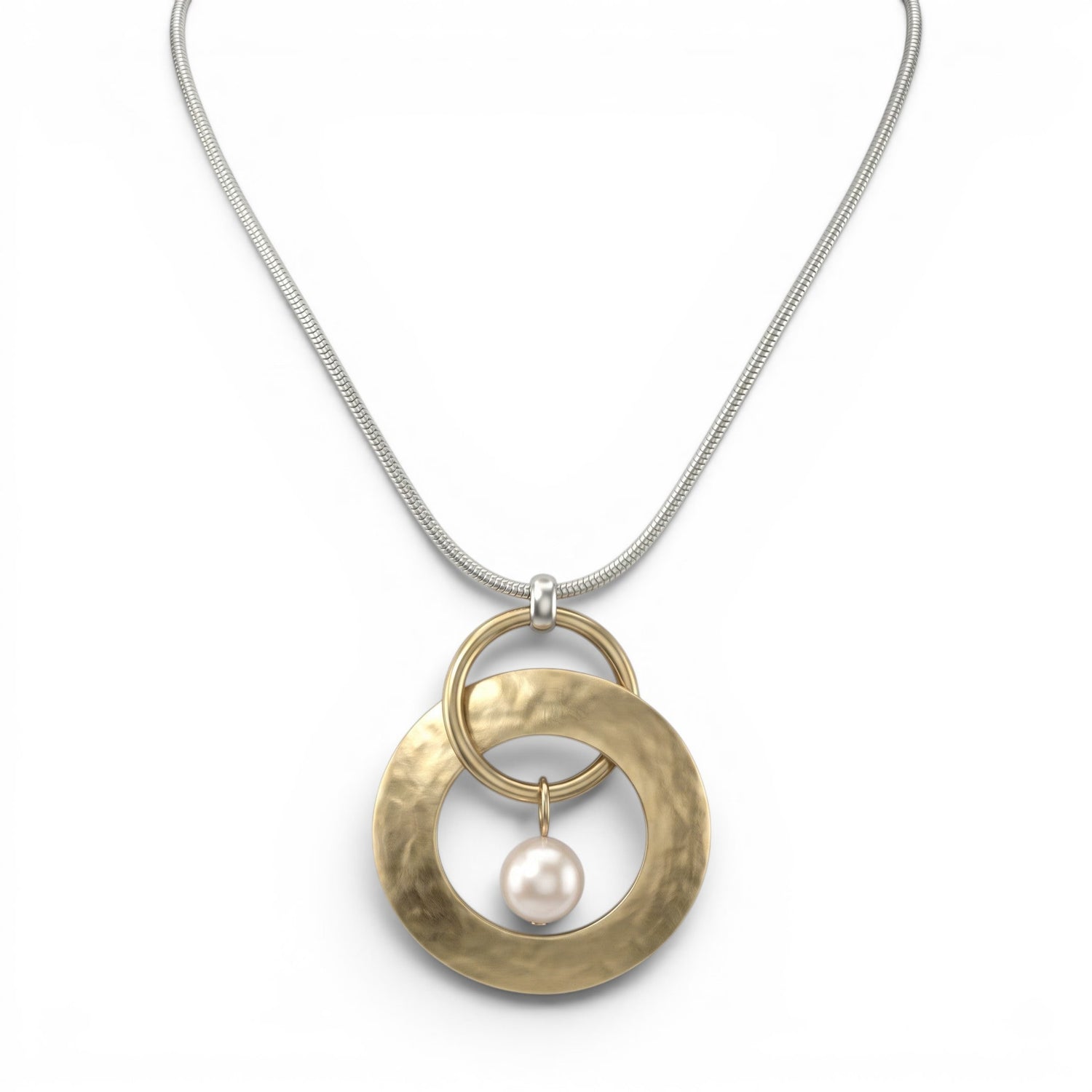 Trebor Style silver snake chain necklace featuring interlocking gold rings and a central cream Austrian crystal pearl.