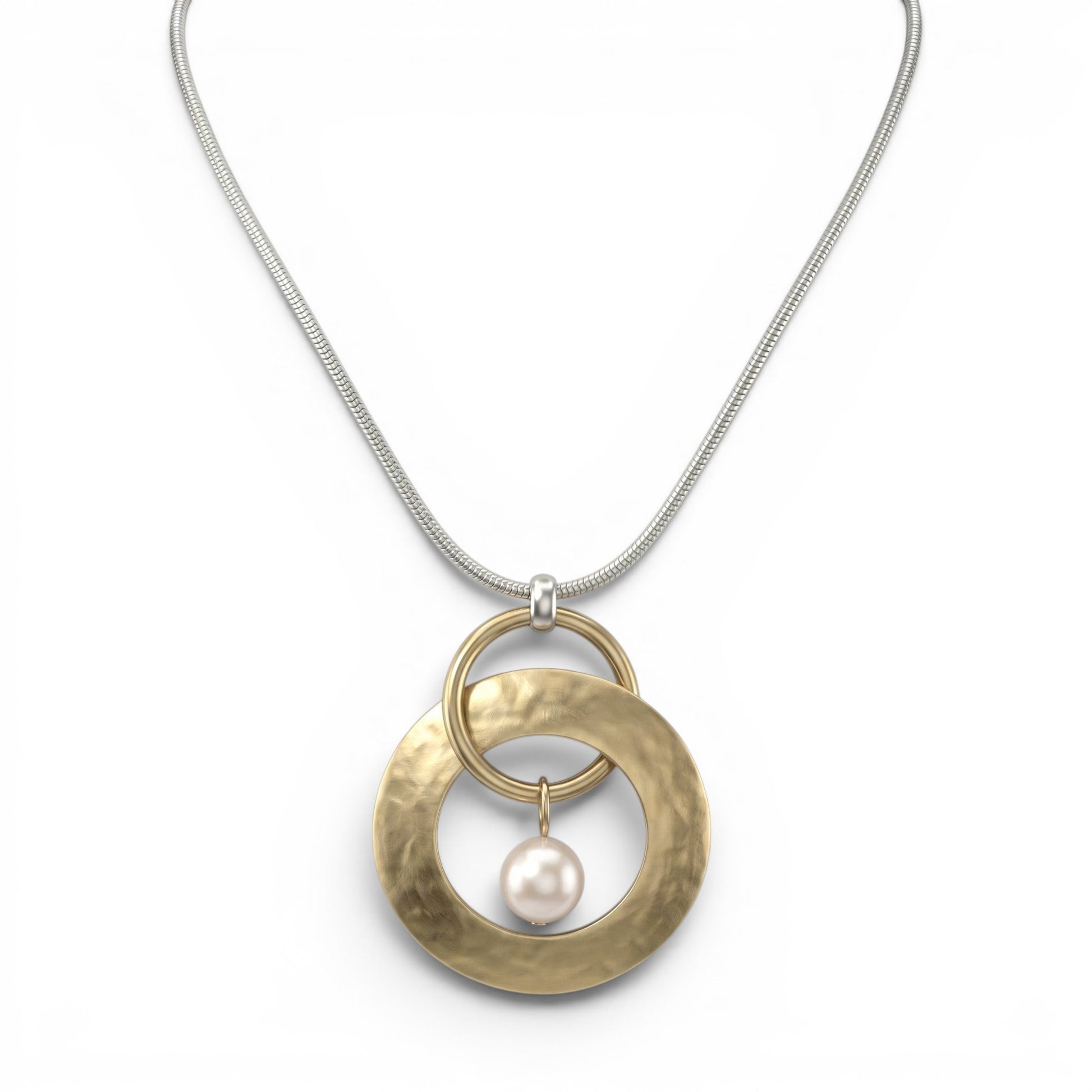 Trebor Style silver snake chain necklace featuring interlocking gold rings and a central cream Austrian crystal pearl.