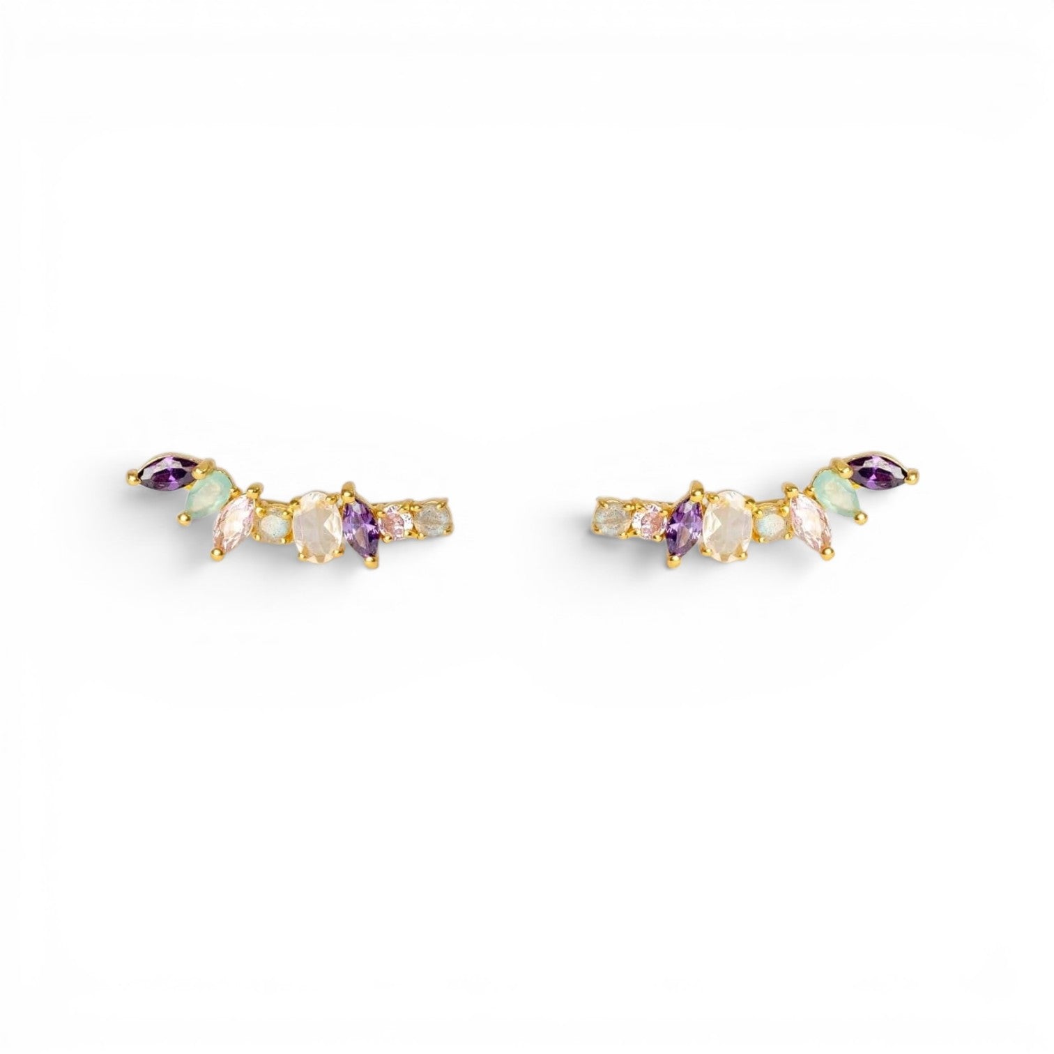 Trebor Style Irina ear climbers in 18k gold plate with pastel semiprecious gemstones in a curved, handcrafted design.