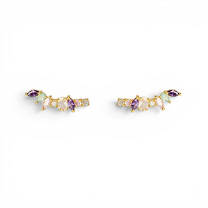 Trebor Style Irina ear climbers in 18k gold plate with pastel semiprecious gemstones in a curved, handcrafted design.