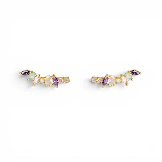 Trebor Style Irina ear climbers in 18k gold plate with pastel semiprecious gemstones in a curved, handcrafted design.