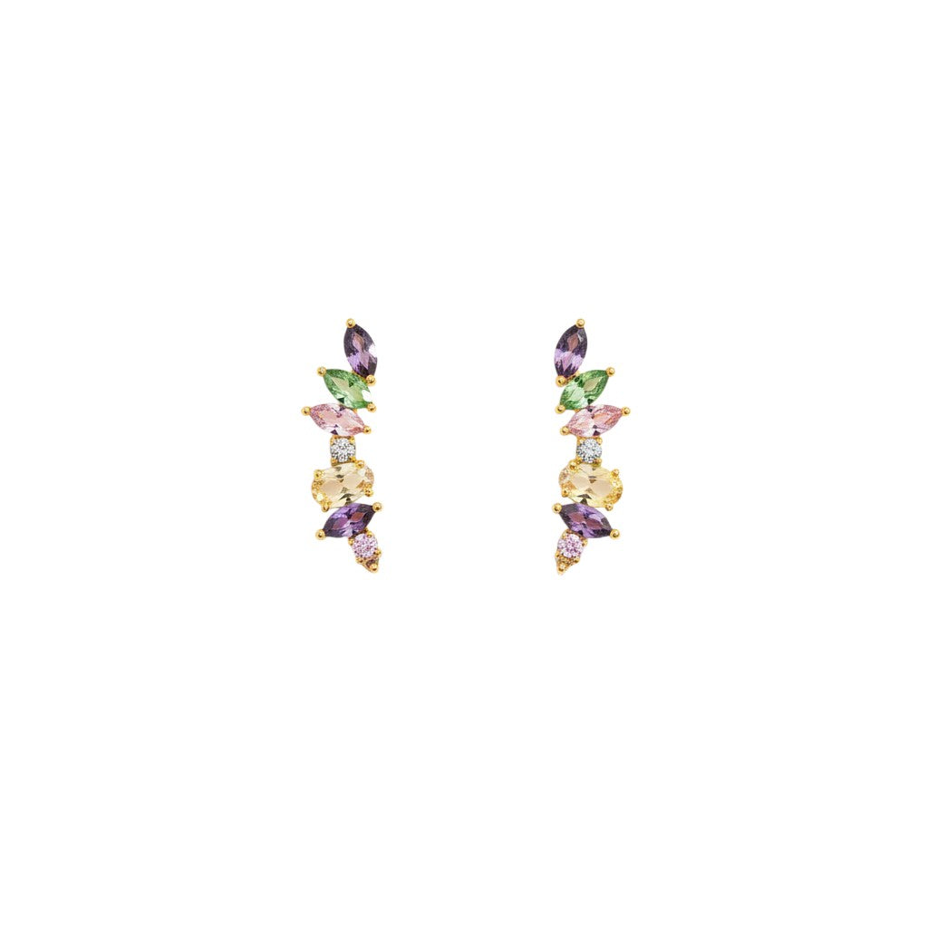 Trebor Style Irina ear climbers featuring 18k gold plated metal and pastel semiprecious gemstones in a curved design.