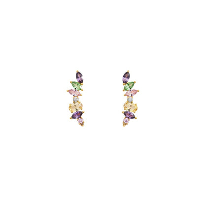 Trebor Style Irina ear climbers featuring 18k gold plated metal and pastel semiprecious gemstones in a curved design.