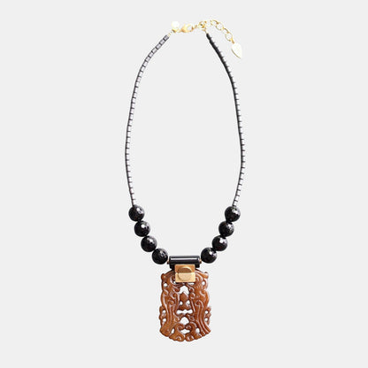 Trebor Style carved jade and black agate pendant necklace with hematite beads and gold-tone extender