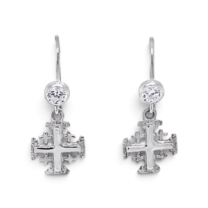 Trebor Style sterling silver Jerusalem cross drop earrings featuring sparkling CZ accents and fish hook ear wires.