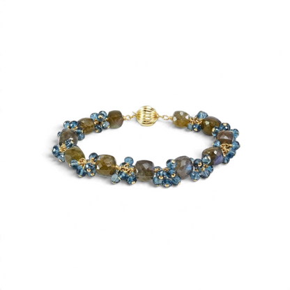 Trebor Style designer bracelet featuring cubed labradorite and faceted London blue topaz gemstones on gold filled chain
