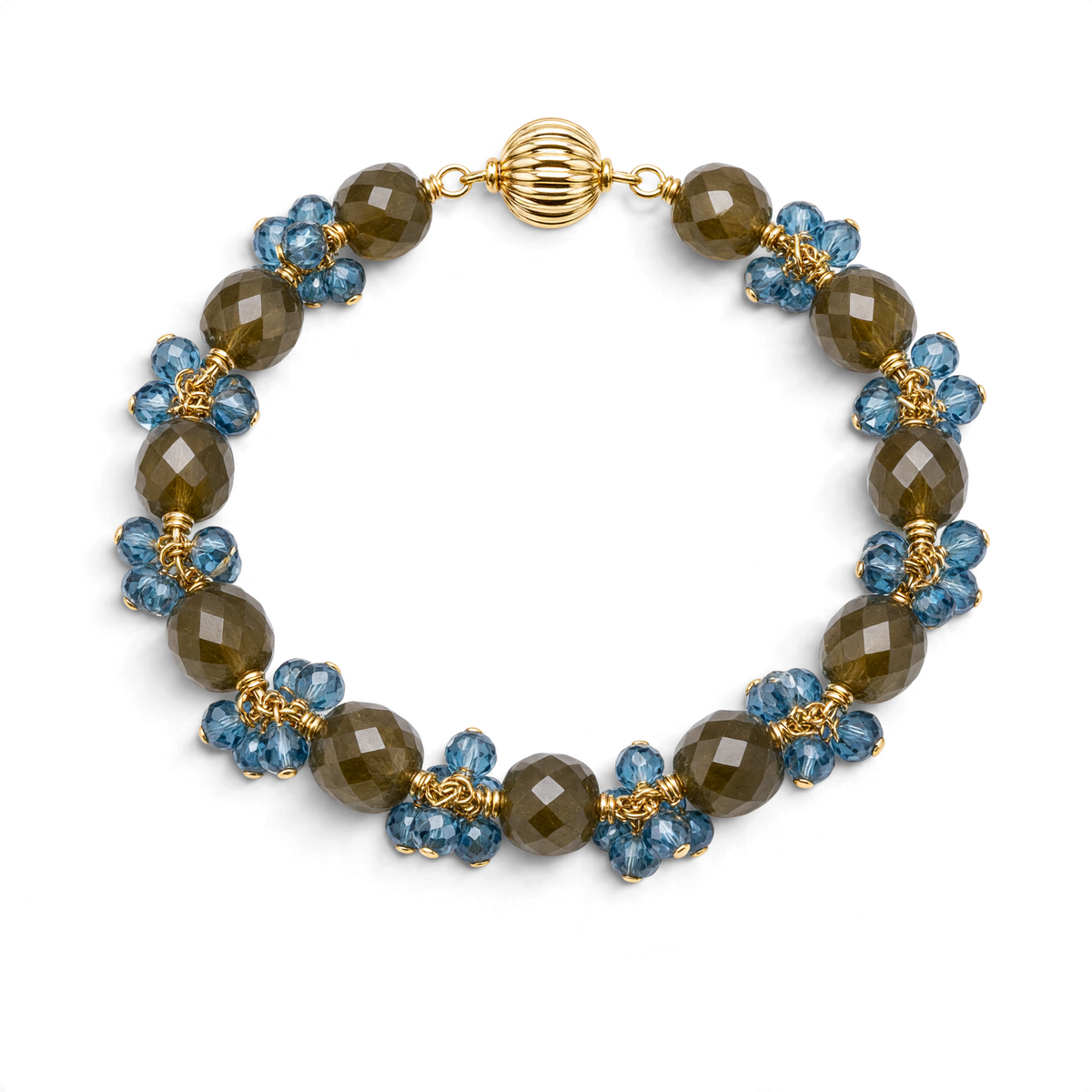 Trebor Style handcrafted bracelet featuring cubed labradorite and faceted London blue topaz on gold filled chain