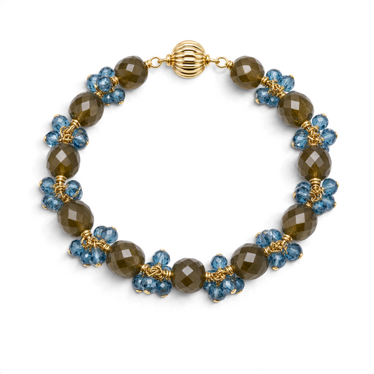 Trebor Style handcrafted bracelet featuring cubed labradorite and faceted London blue topaz on gold filled chain