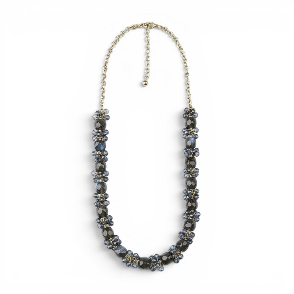 Trebor Style necklace featuring cubed labradorite and faceted London blue topaz clusters on gold-filled sterling silver.